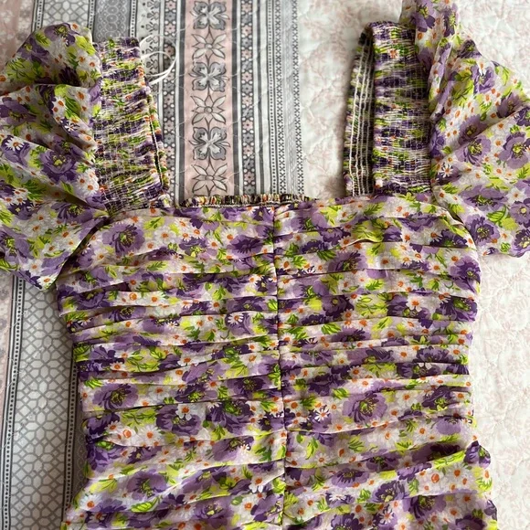 Zara floral ruched puff sleeve bodycon dress - Picture 1 of 4
